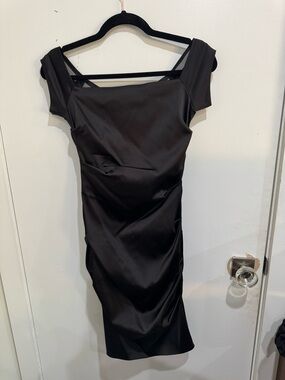 Betsy & Adam Black Satin Midi Dress with Square Neck